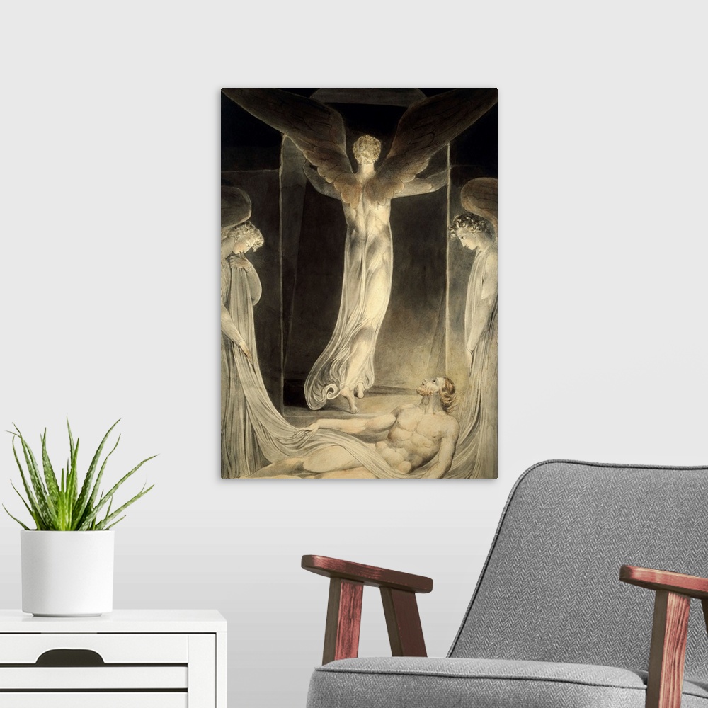 A modern room featuring Angels Rolling Away The Stone From The Sepulchre By William Blake