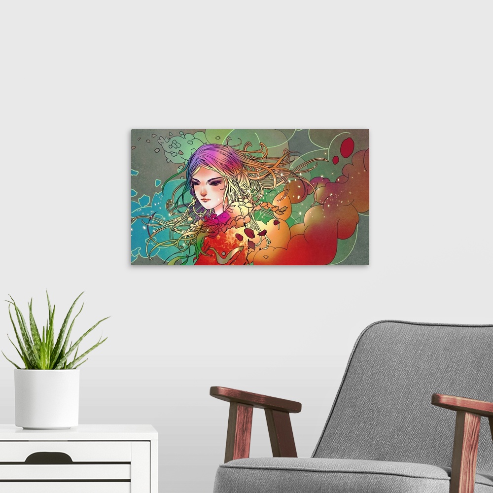 A modern room featuring Anime portrait of a beautiful girl in colorful smoke.