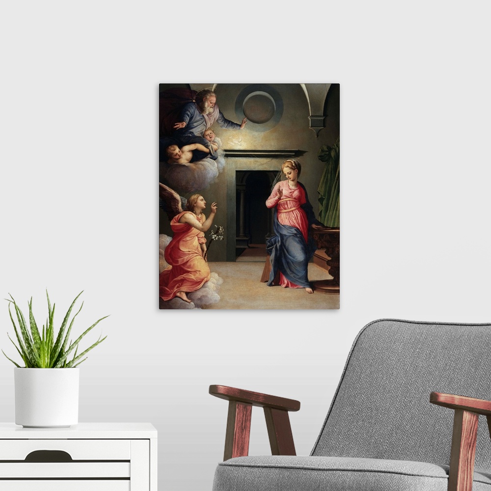 A modern room featuring Annunciation By Giovanni Bizzelli
