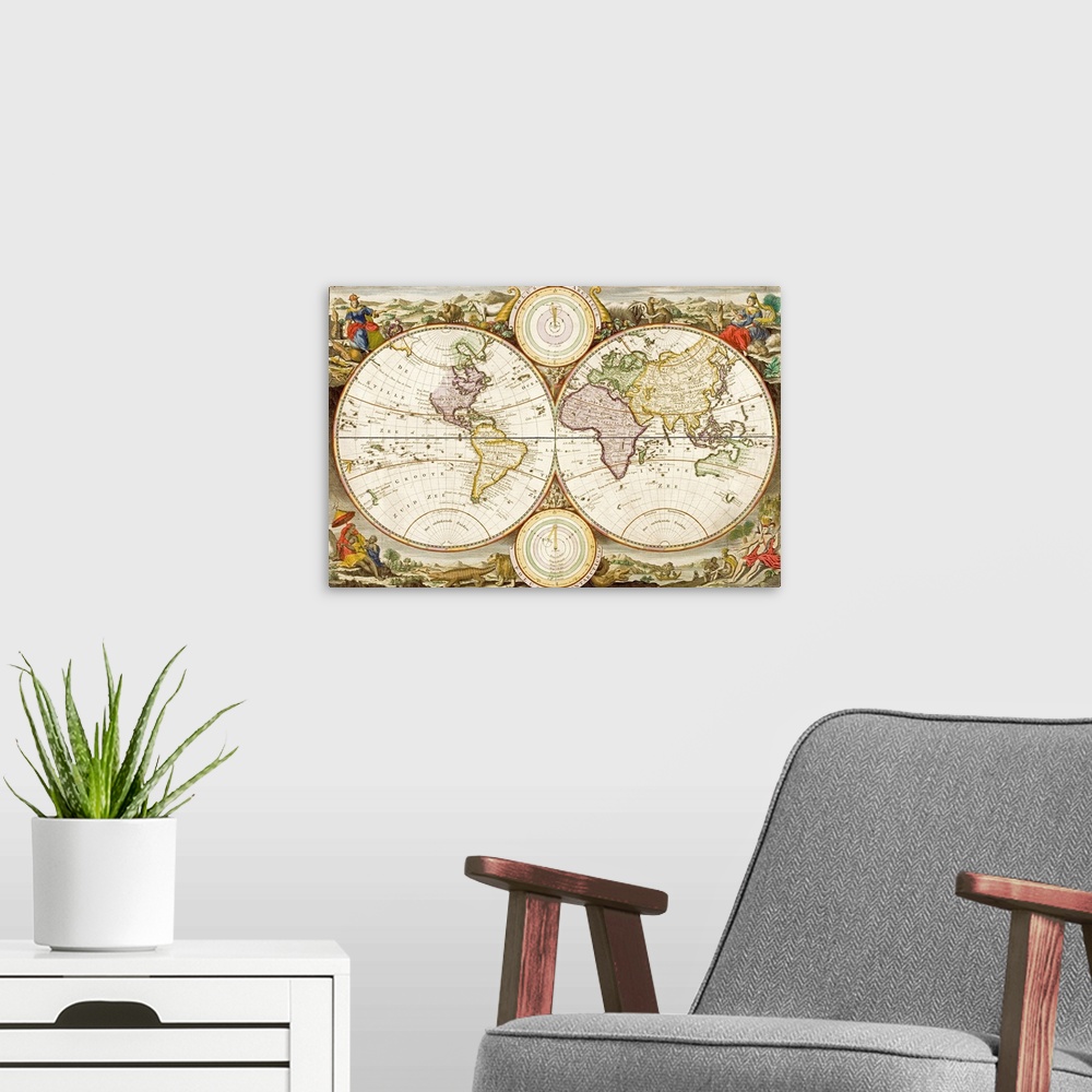A modern room featuring Antique drawing of the globe. Vintage map with distorted continents and mythical illustrations in...