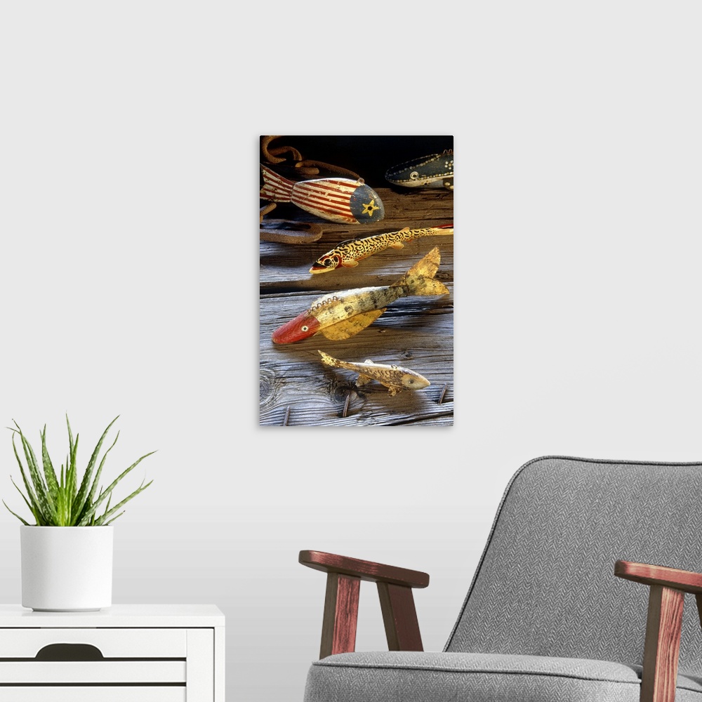 A modern room featuring Antique fishing lures
