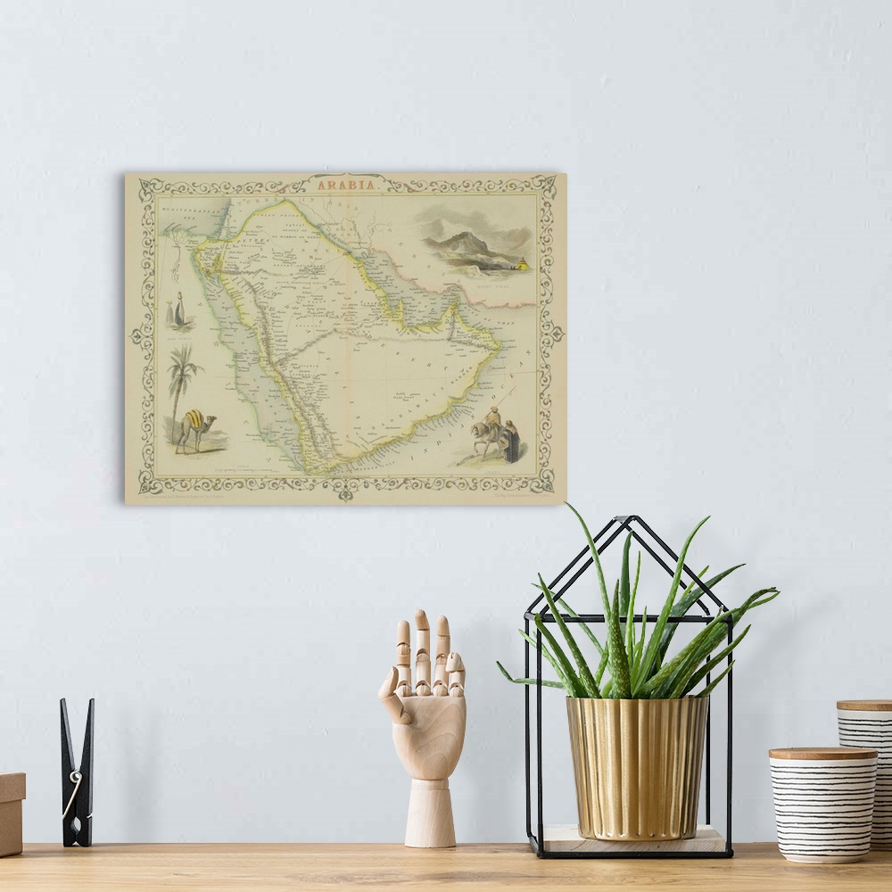 A bohemian room featuring Antique map of Arabia with vignettes