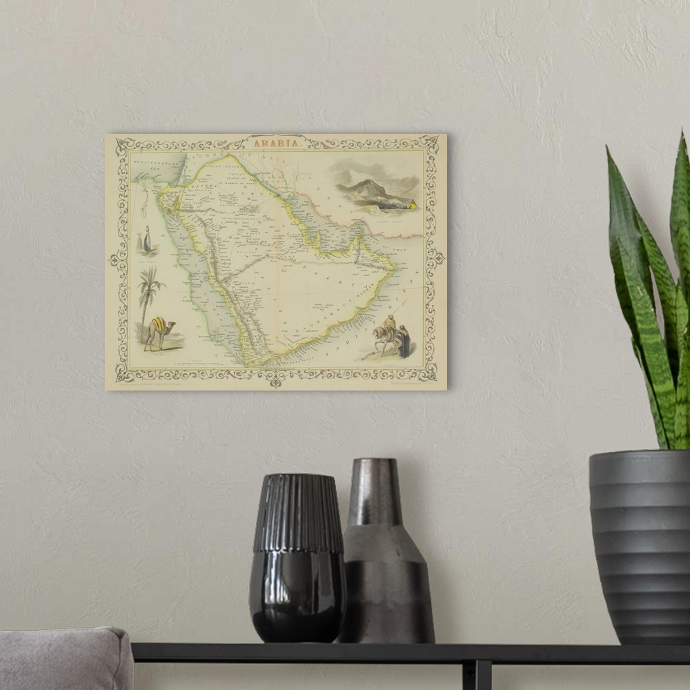 A modern room featuring Antique map of Arabia with vignettes