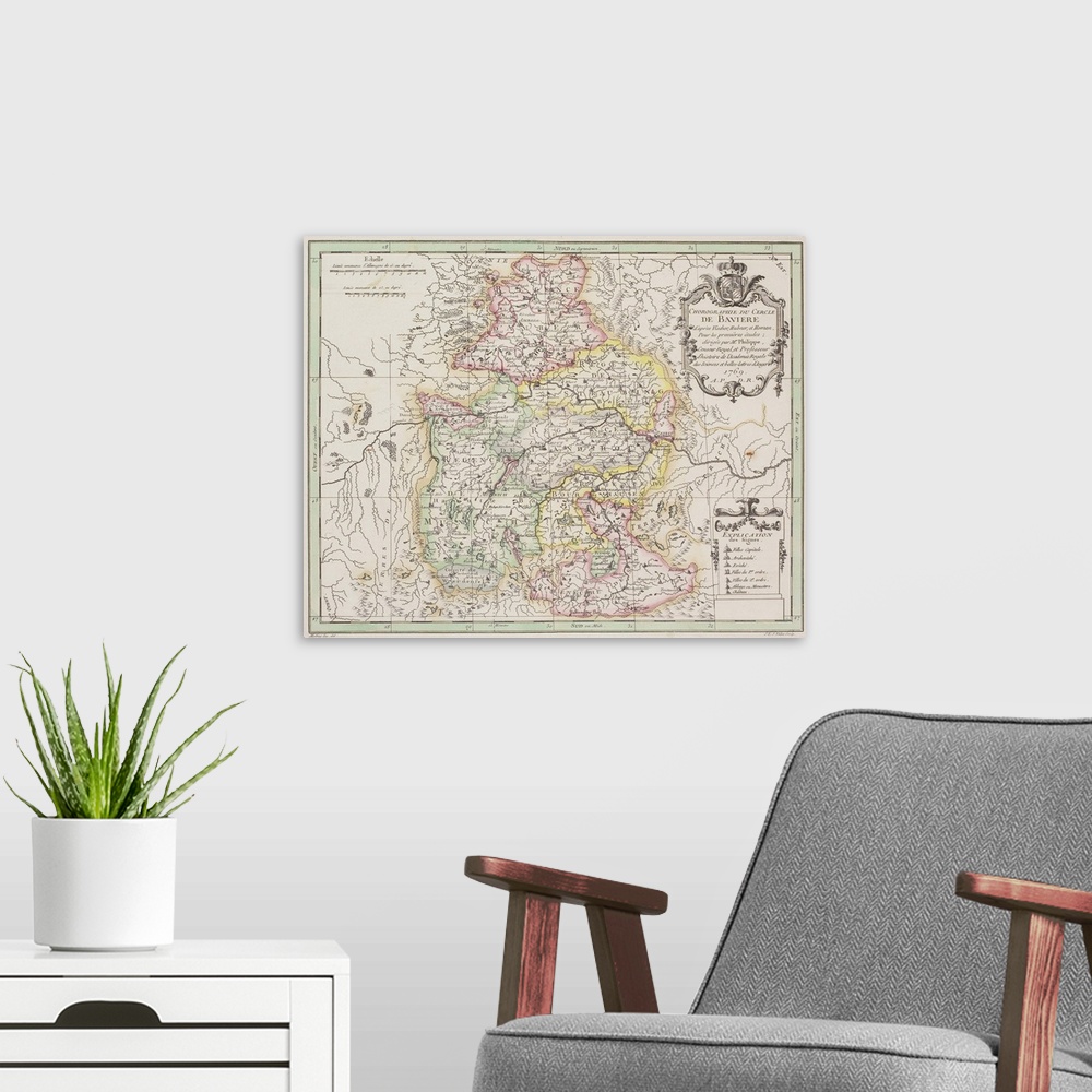 A modern room featuring Antique map of Bavarian region of Germany