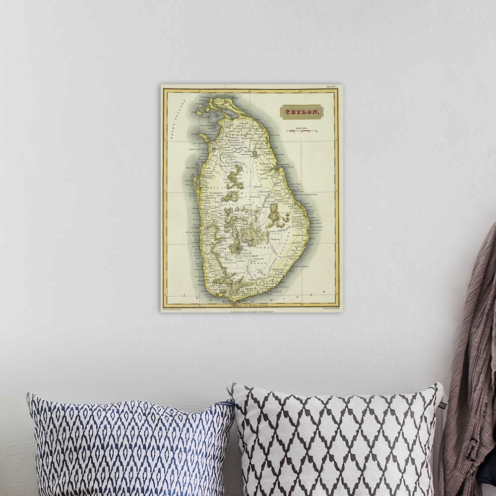 A bohemian room featuring Antique map of Ceylon , present day Sri Lanka