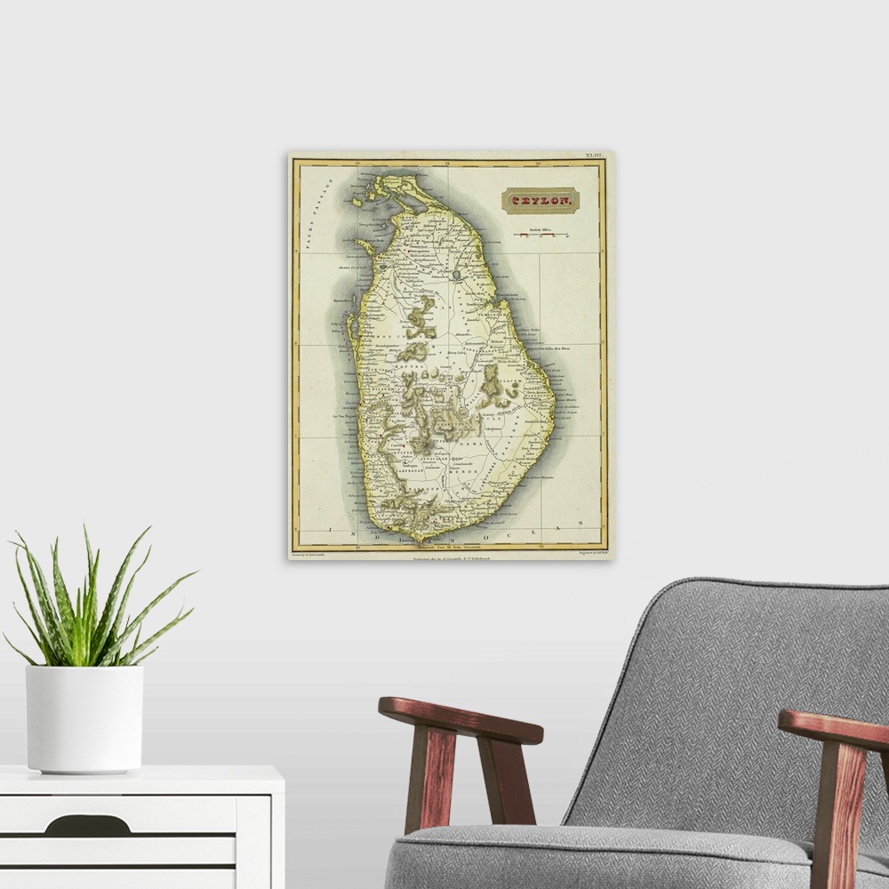 A modern room featuring Antique map of Ceylon , present day Sri Lanka