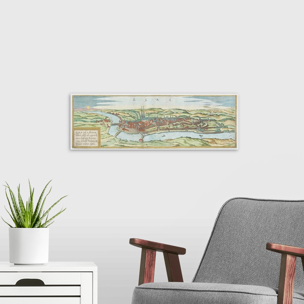 A modern room featuring Antique map of city of era in present day Czech Republic