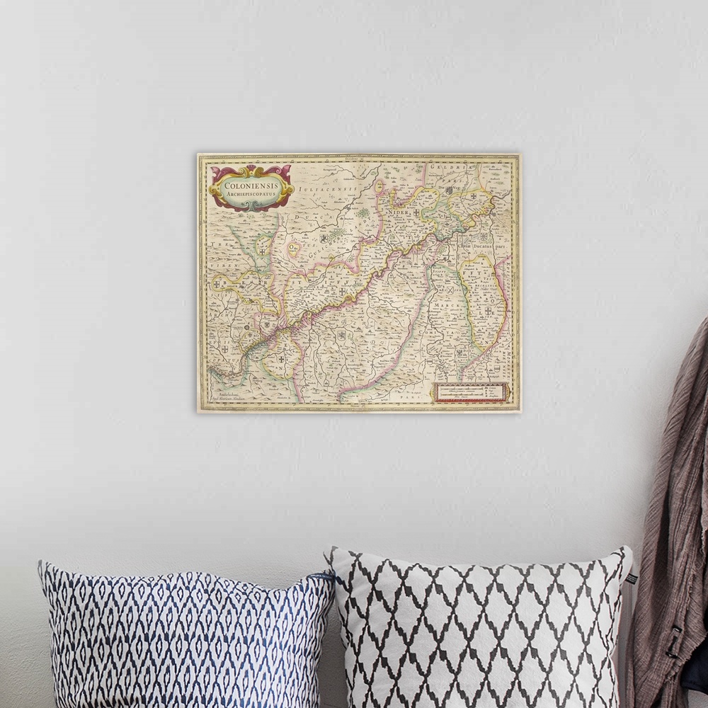 A bohemian room featuring Antique map of colonies in Germania