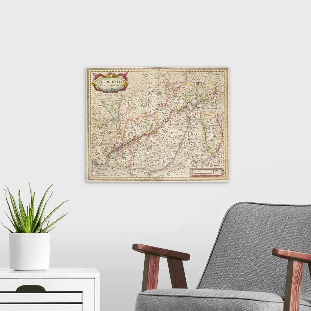 A modern room featuring Antique map of colonies in Germania