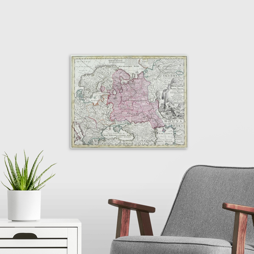 A modern room featuring Antique map of eastern Europe