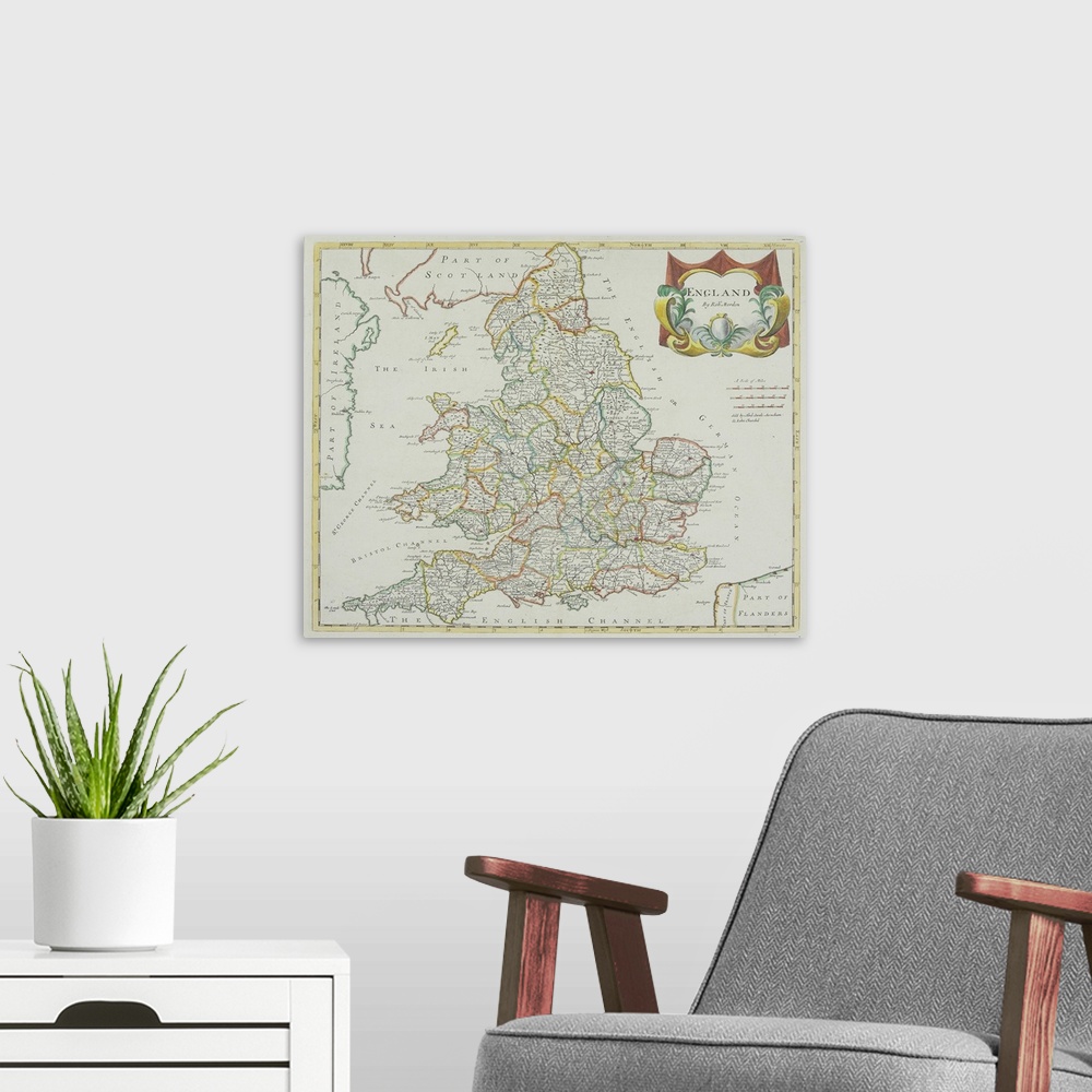 A modern room featuring Antique map of England