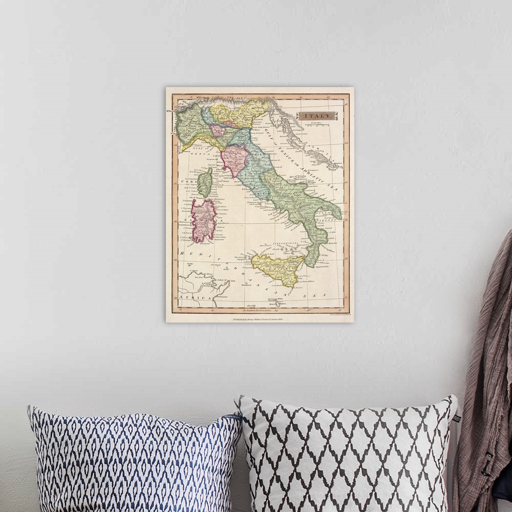 A bohemian room featuring Vintage map of the country of Italy and several islands in the Mediterranean, including Sicily, S...
