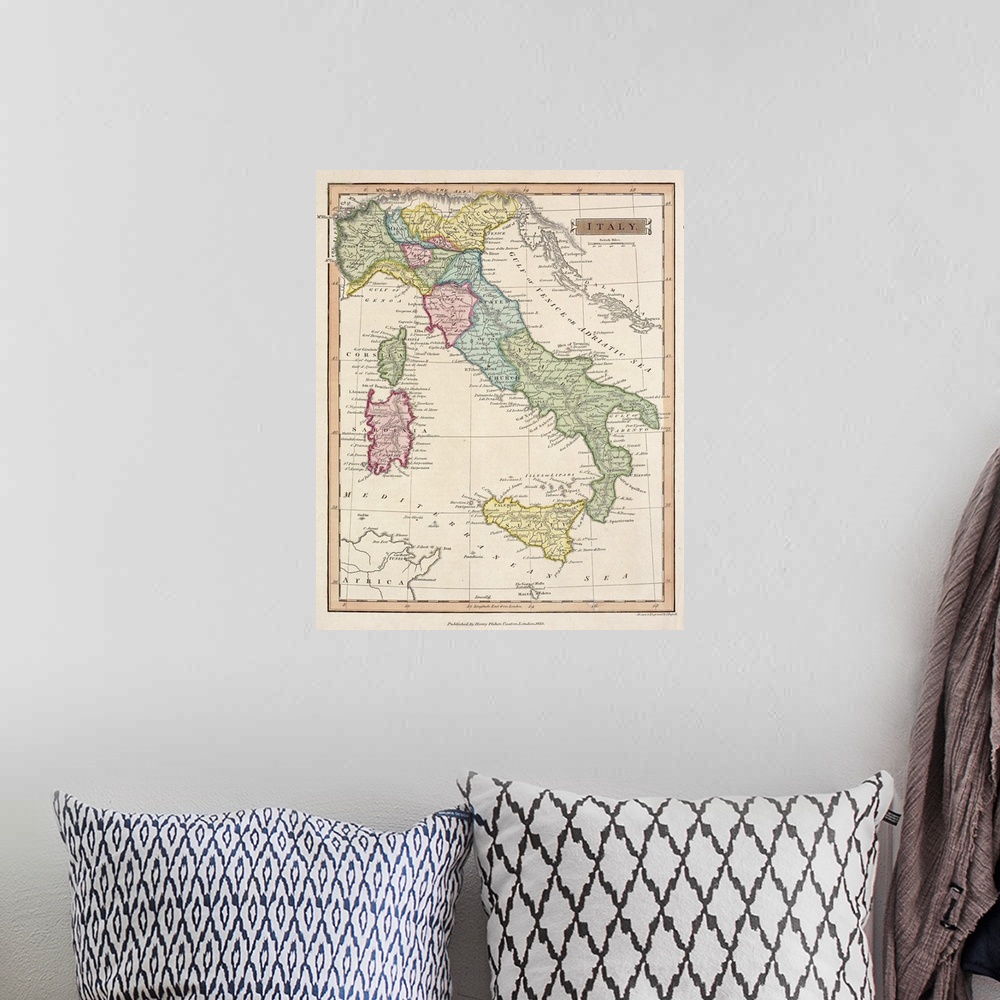 A bohemian room featuring Vintage map of the country of Italy and several islands in the Mediterranean, including Sicily, S...