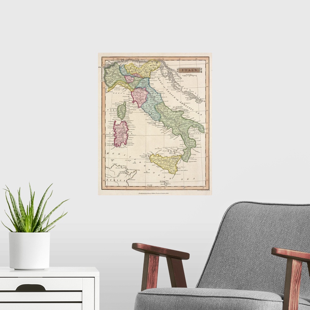 A modern room featuring Vintage map of the country of Italy and several islands in the Mediterranean, including Sicily, S...