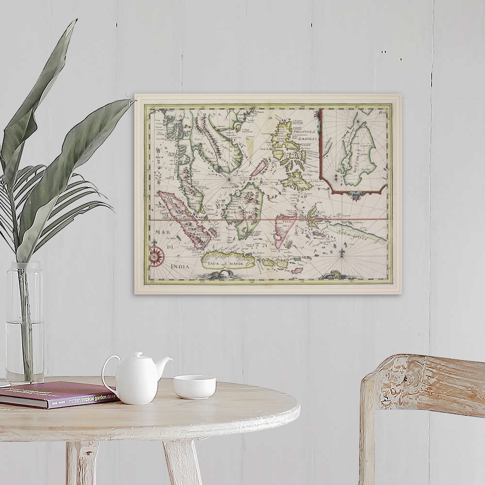 A farmhouse room featuring Antique map of Malaysian peninsula and Indonesian islands