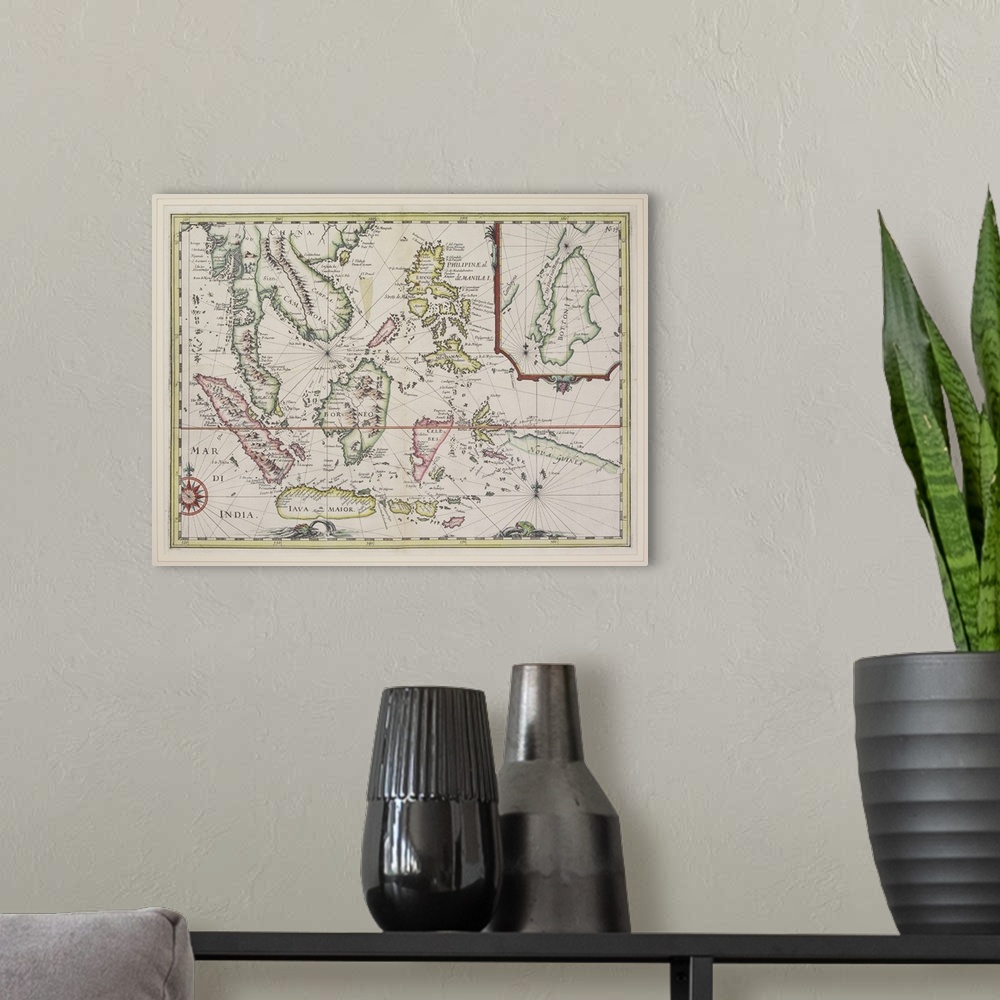 A modern room featuring Antique map of Malaysian peninsula and Indonesian islands