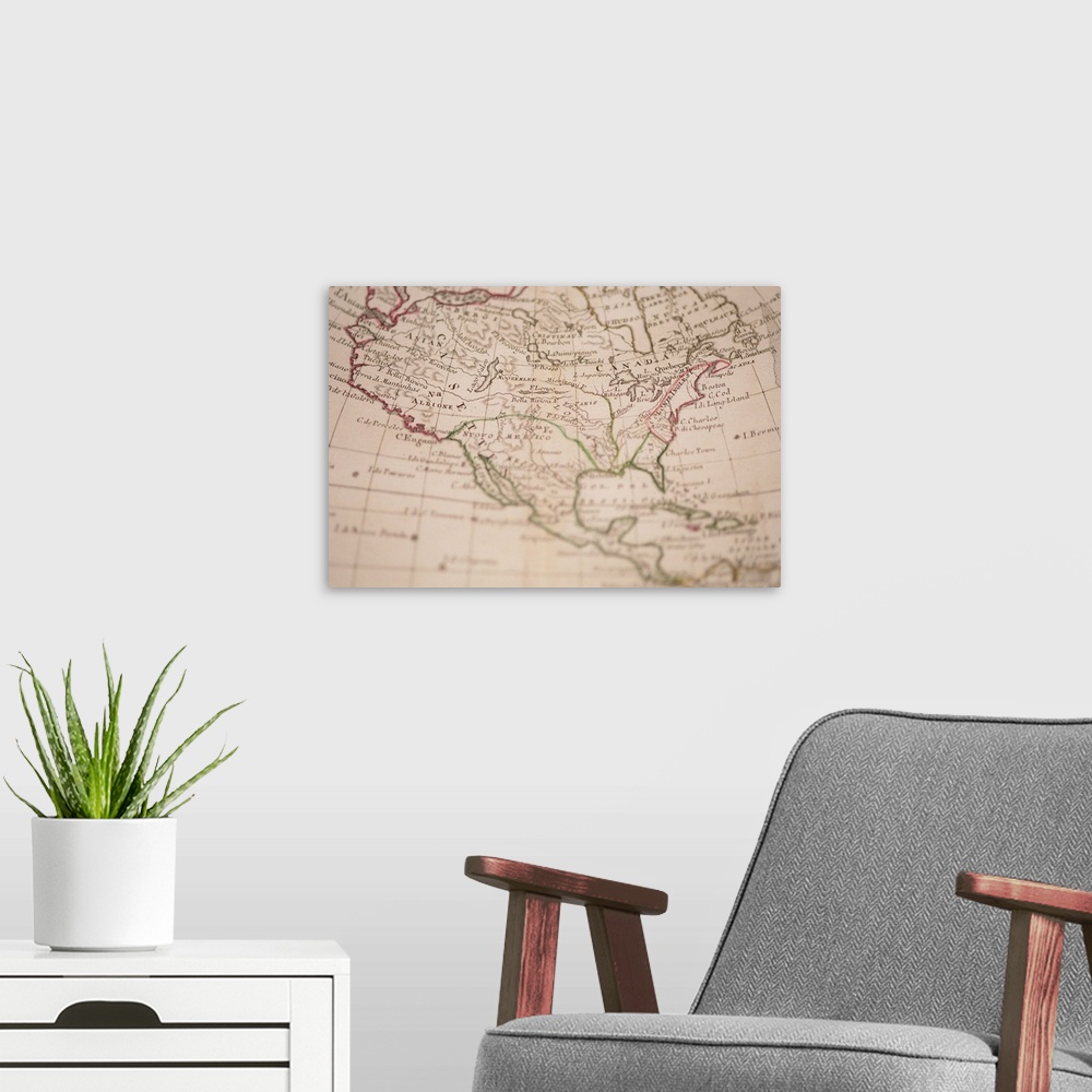 A modern room featuring Antique map of North America