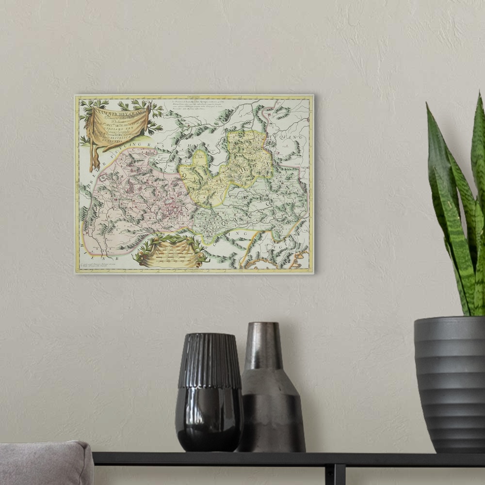 A modern room featuring Antique map of provinces in China