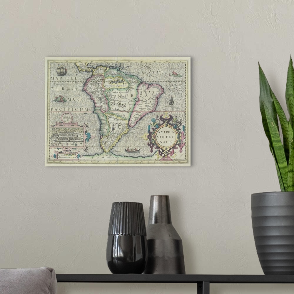 A modern room featuring Antique map of South America