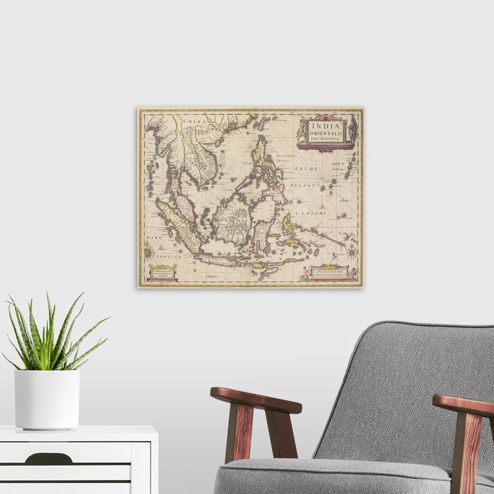 A modern room featuring Antique map of southeast Asia