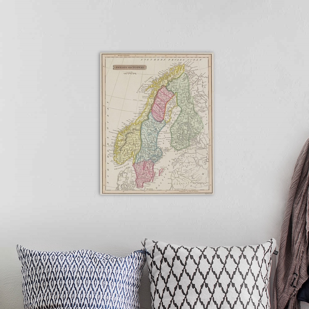 A bohemian room featuring Antique map of Sweden and Norway