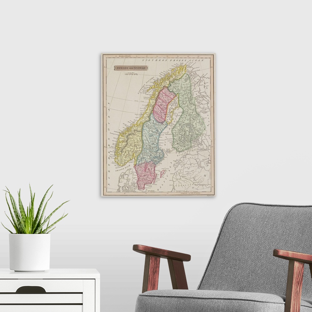 A modern room featuring Antique map of Sweden and Norway