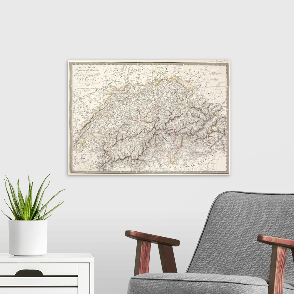 A modern room featuring Antique map of Switzerland