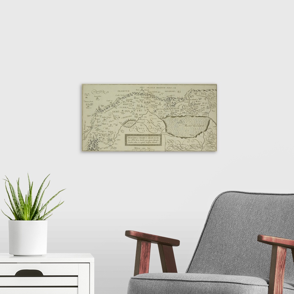 A modern room featuring Antique map of the holy land with the Sea of Galilee