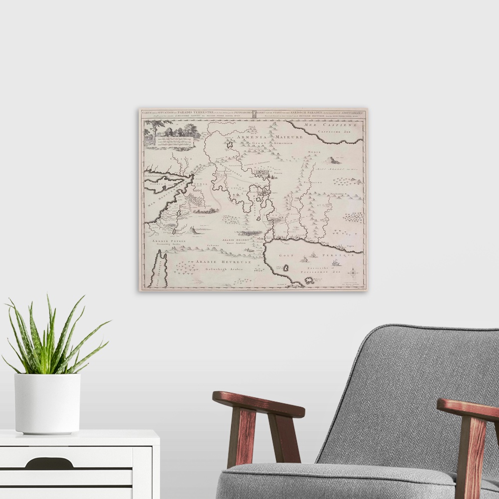 A modern room featuring Antique map of the Middle East
