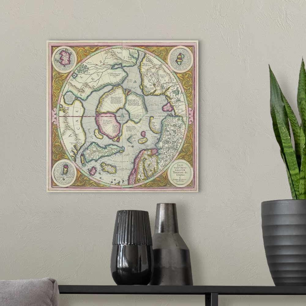 A modern room featuring Antique map of the north pole with insets