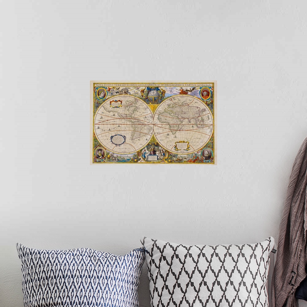 A bohemian room featuring This oversized art work is a world map of the world with decorative descriptions written in Latin...