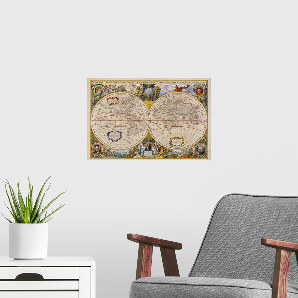 A modern room featuring This oversized art work is a world map of the world with decorative descriptions written in Latin...