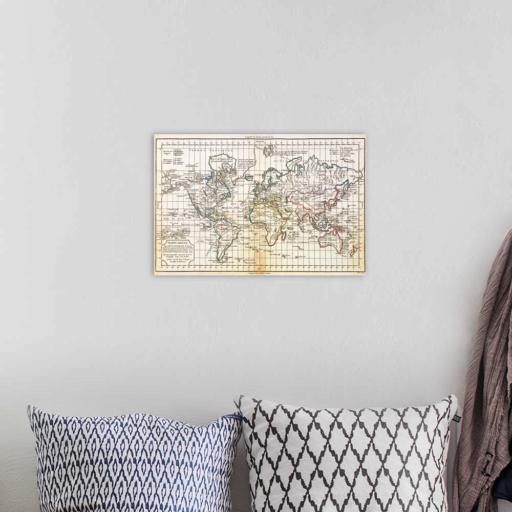 A bohemian room featuring Canvas of a vintage detailed map of the world with longitude and latitude lines.