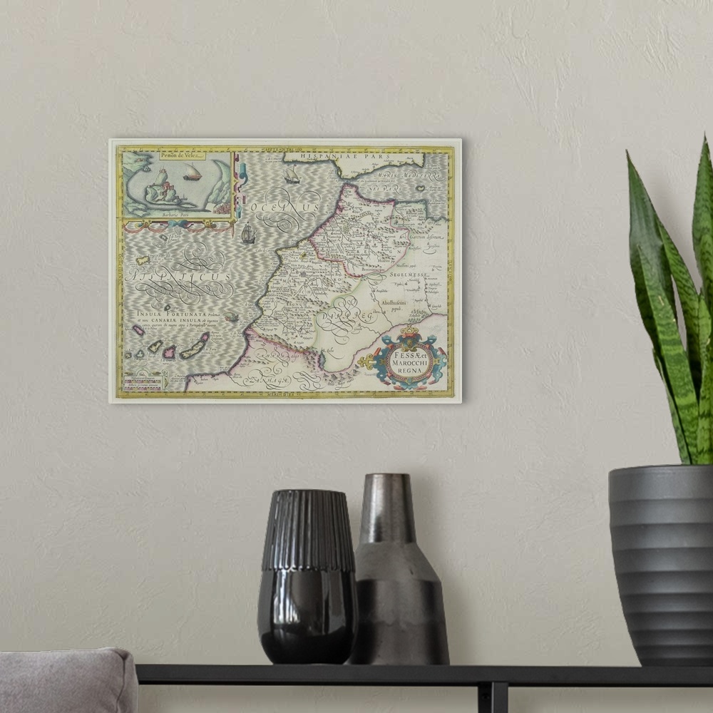 A modern room featuring Antique map of west Africa with present day Morocco and Canary Islands