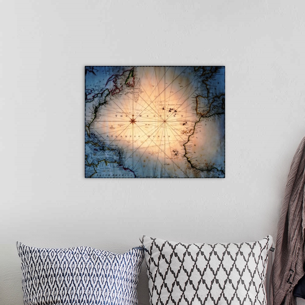A bohemian room featuring This decorative artwork shows a vintage map that has been digitally enhanced with a vignette and ...
