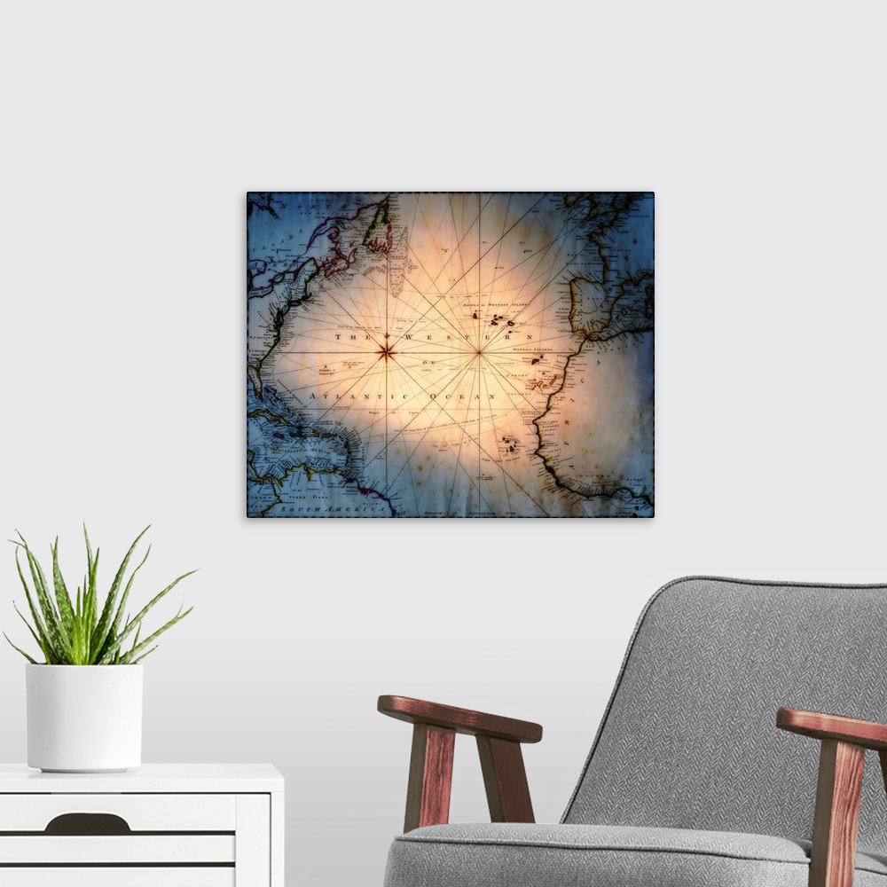 A modern room featuring This decorative artwork shows a vintage map that has been digitally enhanced with a vignette and ...