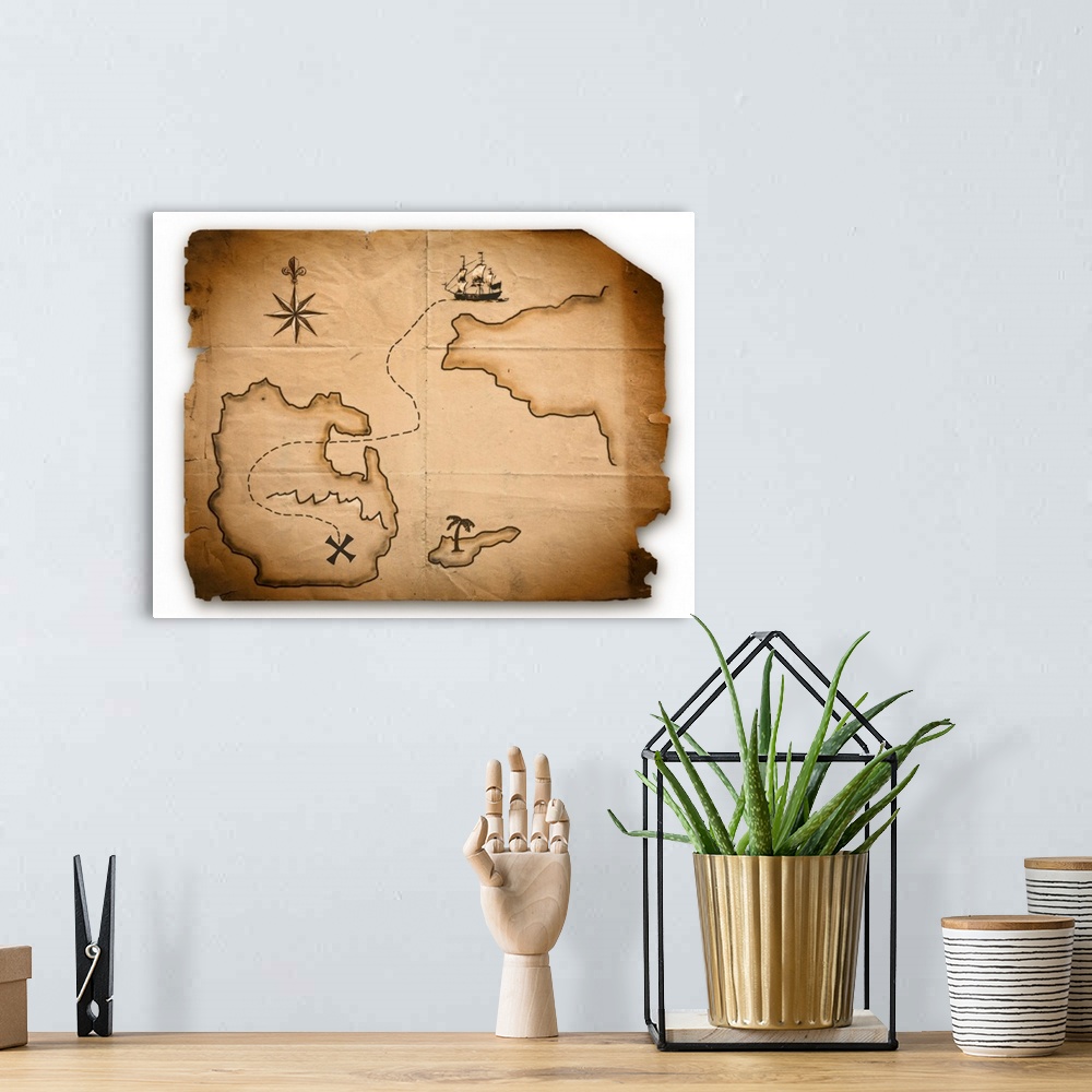 A bohemian room featuring Close up of antique world map with ship route