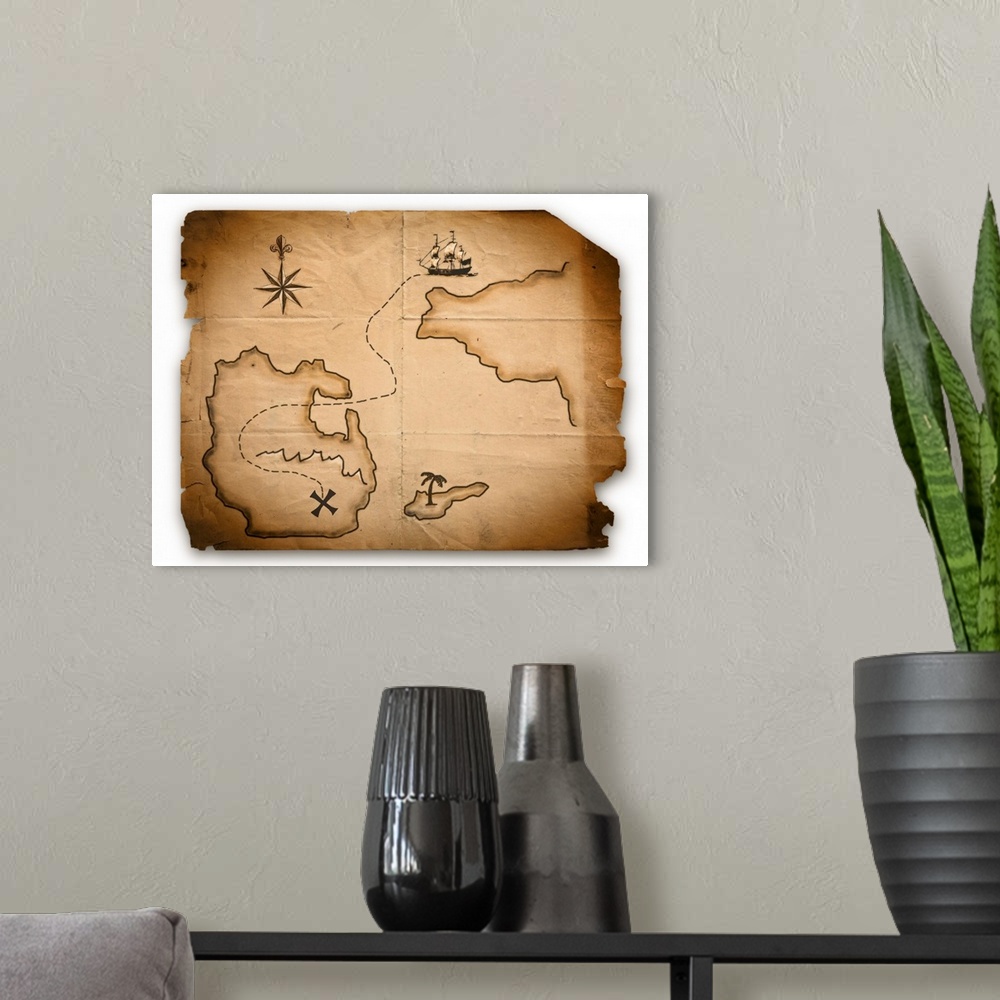 A modern room featuring Close up of antique world map with ship route