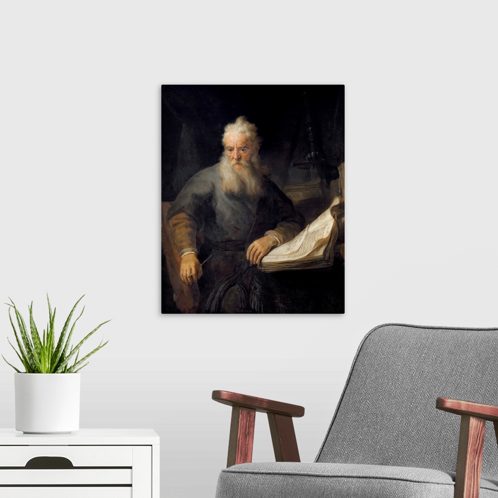 A modern room featuring Apostle Paul, 1635, by Rembrandt van Rijn (1606-1669), oil on canvas, 135x111 cm Vienna, Kunsthis...