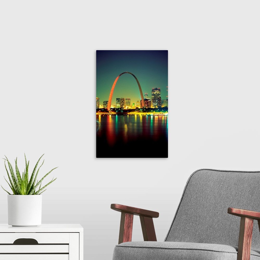 A modern room featuring Arch over the Mississippi River at night in St. Louis, USA