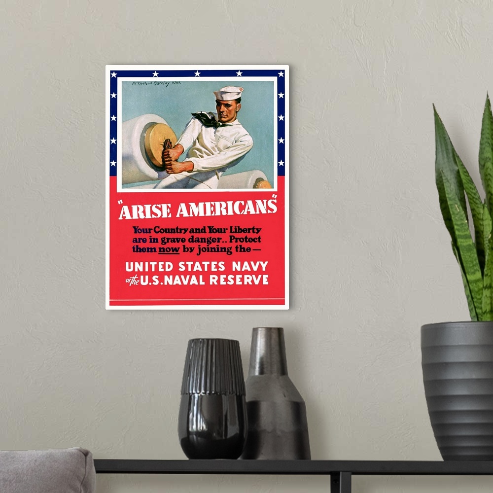 A modern room featuring ca. 1942 --- "Arise Americans" Navy Recruitment Poster by McClelland Barclay --- Image by .. K.J....