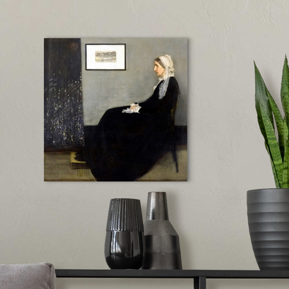 A modern room featuring Arrangement in Grey and Black No. 1 (Portrait of the Artist's Mother, also known as Whistler's Mo...