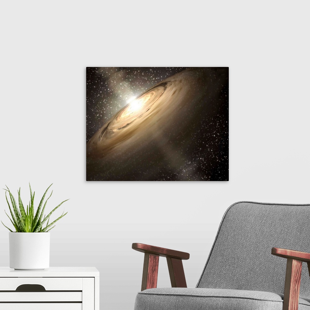 A modern room featuring This artist's concept illustrates a solar system that is a much younger version of our own. Dusty...