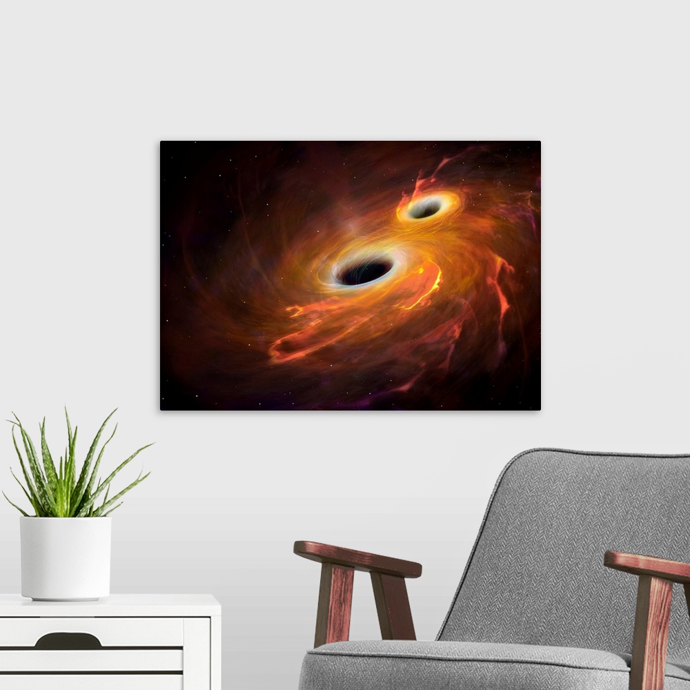 A modern room featuring Illustration of two black holes orbiting each other in a combined accretion disc. Eventually the ...