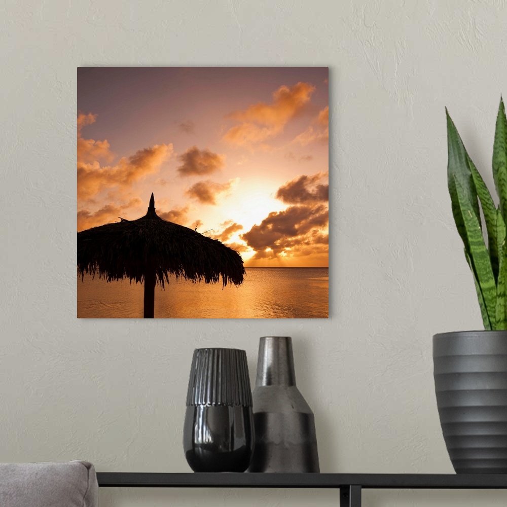 A modern room featuring Aruba, silhouette of palapa on beach at sunset