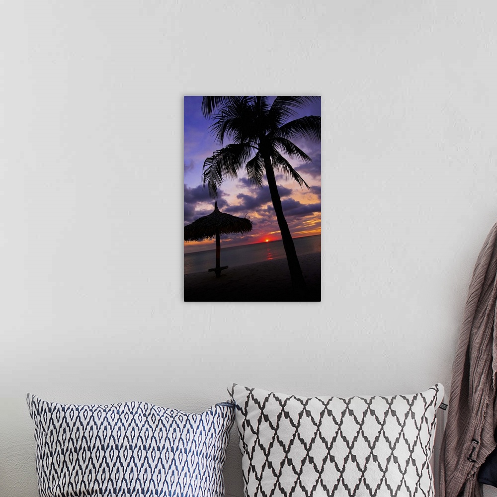 A bohemian room featuring Aruba, silhouette of palm tree and palapa on beach at sunset