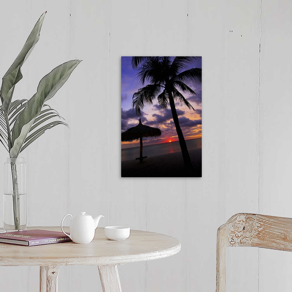 A farmhouse room featuring Aruba, silhouette of palm tree and palapa on beach at sunset