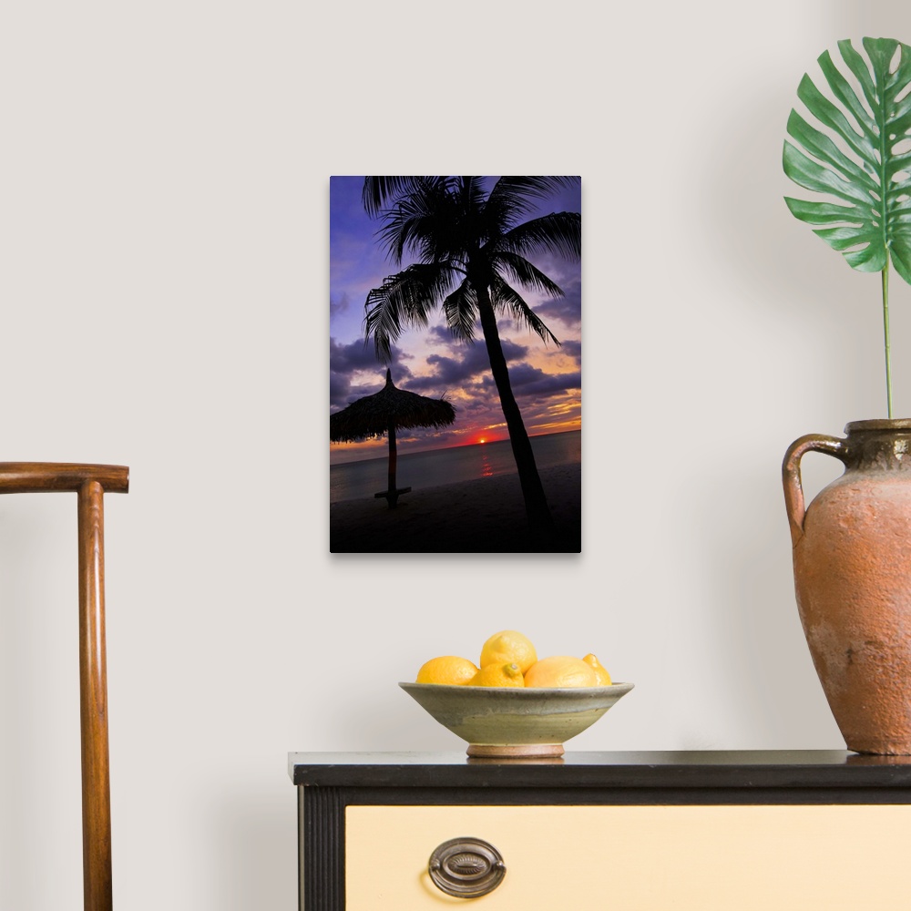 A traditional room featuring Aruba, silhouette of palm tree and palapa on beach at sunset