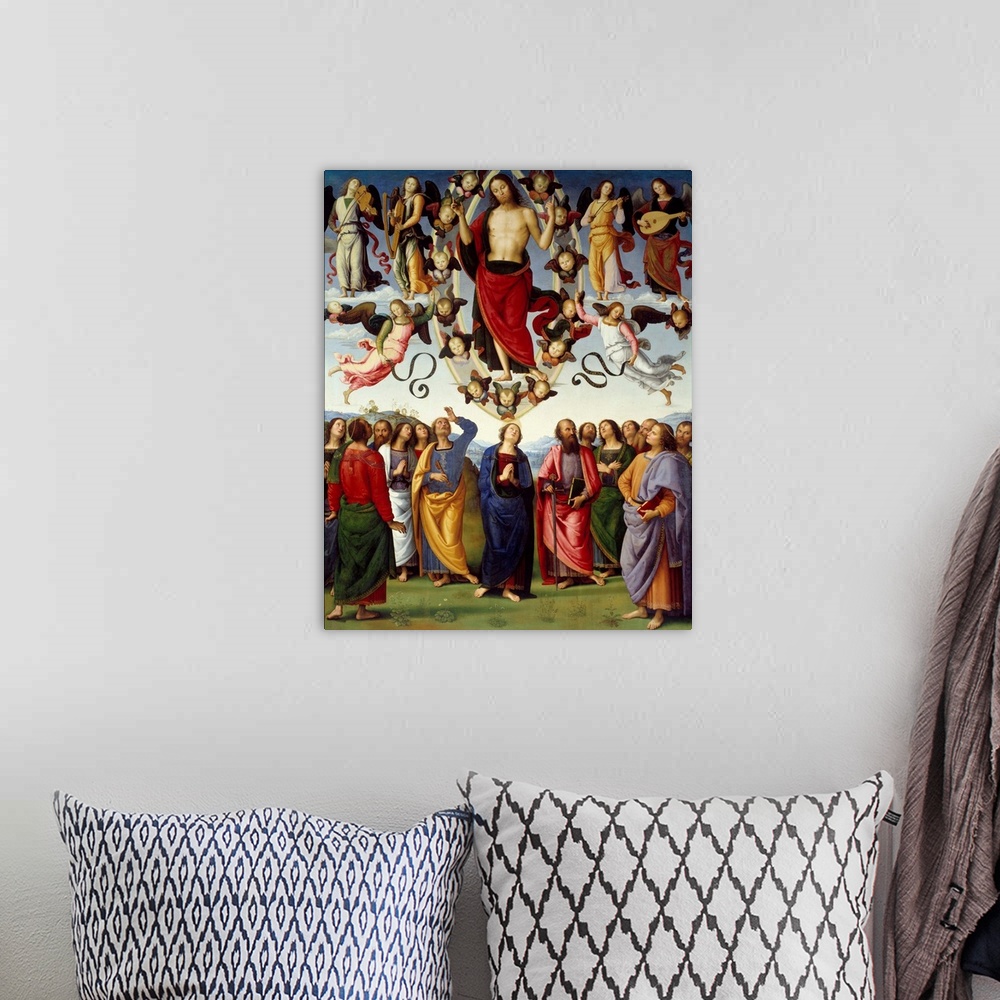 A bohemian room featuring Ascension of Christ. Painting by Pietro Vannucci called Il Perugino (1450-1523), 1496. 3,25 x 2,6...