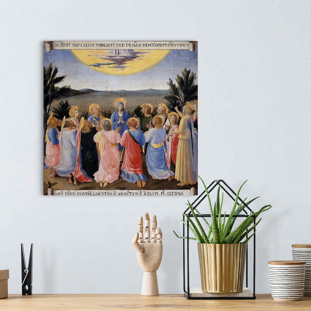 A bohemian room featuring Ascension of Jesus Christ from the Armadio degli Argenti Painting Series by Fra Angelico - Temper...